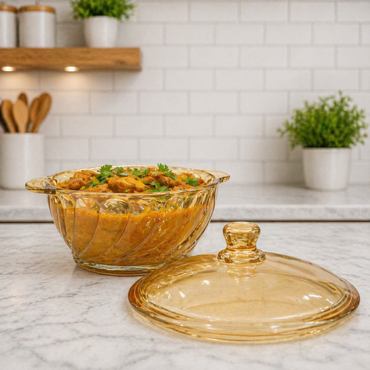 Premium 1050ml Glass Serving Bowl with Lid | Heat Resistant Round Serving bowl | Elegant Amber Glass Bowl for Curry, Dal, Sabzi & Biryani | Set of 1
