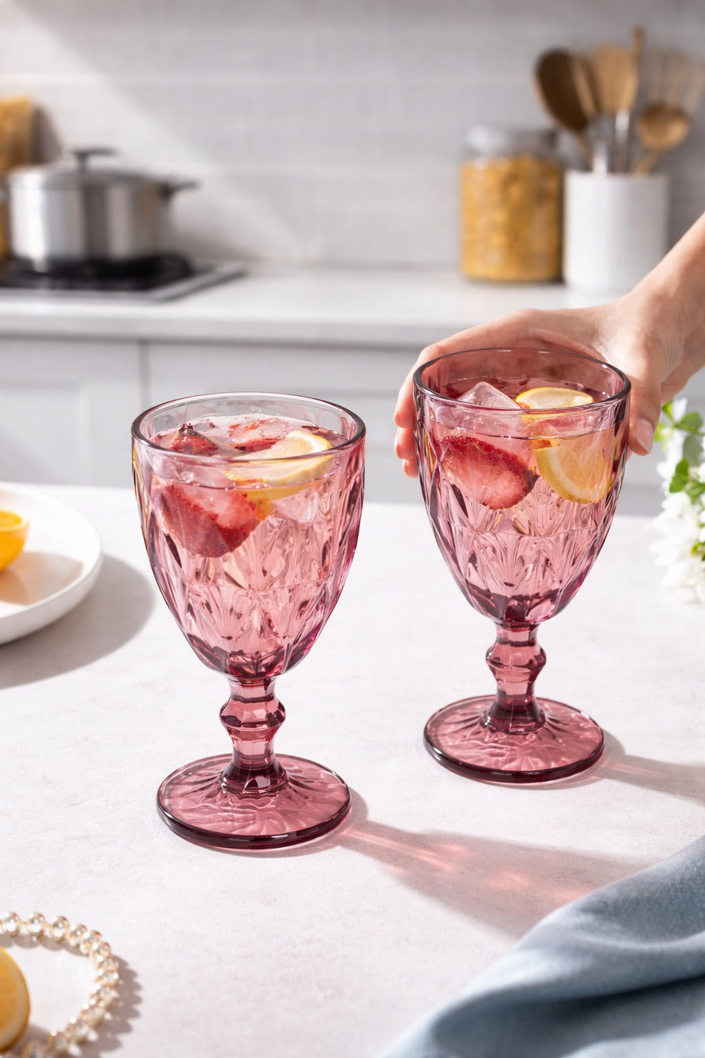 Premium Pink Champagne Glass Set of 6 | 235 ML Crystal Cut Stemmed Goblet Glasses | Elegant Wine, Champagne & Mocktail Glasses
