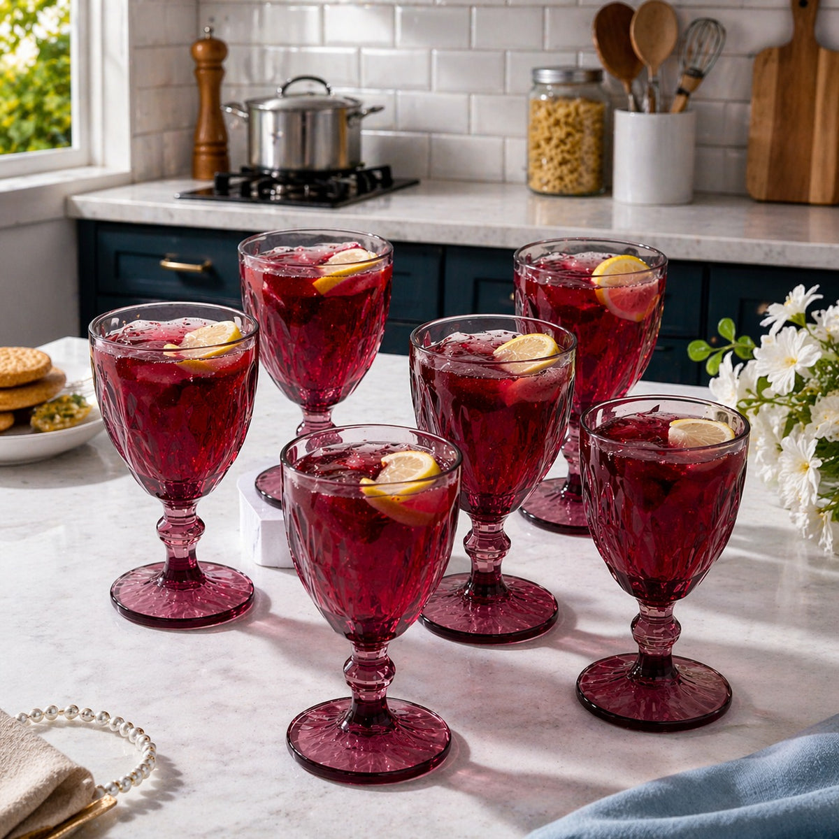 Premium Pink Champagne Glass Set of 6 | 235 ML Crystal Cut Stemmed Goblet Glasses | Elegant Wine, Champagne & Mocktail Glasses
