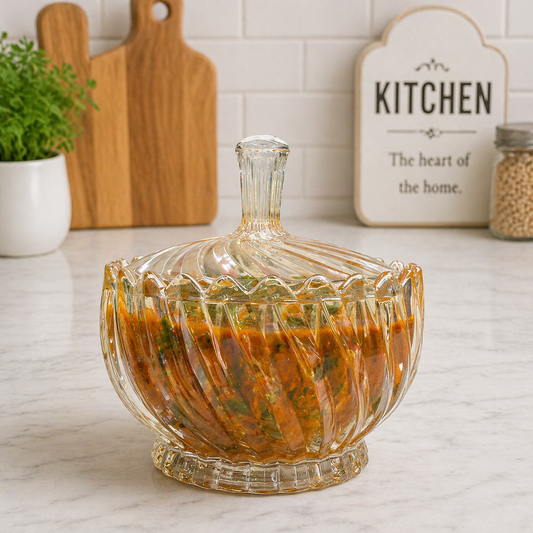 1050ml Premium Amber Glass Serving Bowl with Lid | Decorative Embossed Glass Bowl | Large Curry, Dal, Sabzi, Salad & Pasta Serving Dish | Elegant Tableware | Set of 1