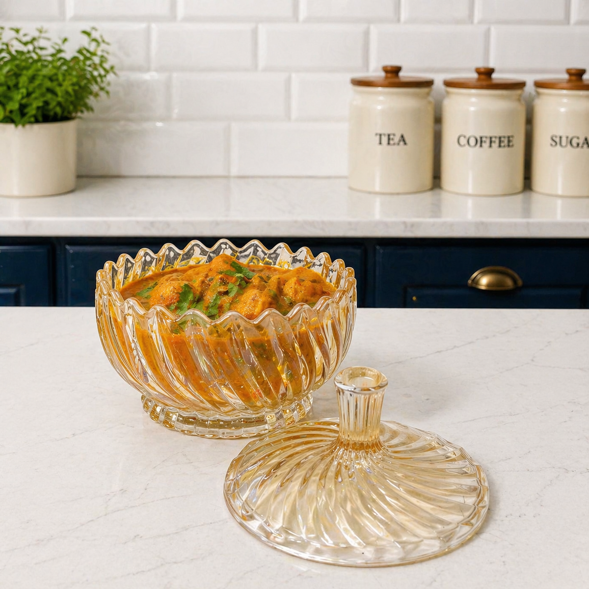 1050ml Premium Amber Glass Serving Bowl with Lid | Decorative Embossed Glass Bowl | Large Curry, Dal, Sabzi, Salad & Pasta Serving Dish | Elegant Tableware | Set of 1