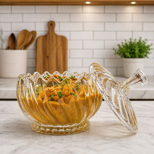 1050ml Premium Amber Glass Serving Bowl with Lid | Decorative Embossed Glass Bowl | Large Curry, Dal, Sabzi, Salad & Pasta Serving Dish | Elegant Tableware | Set of 1