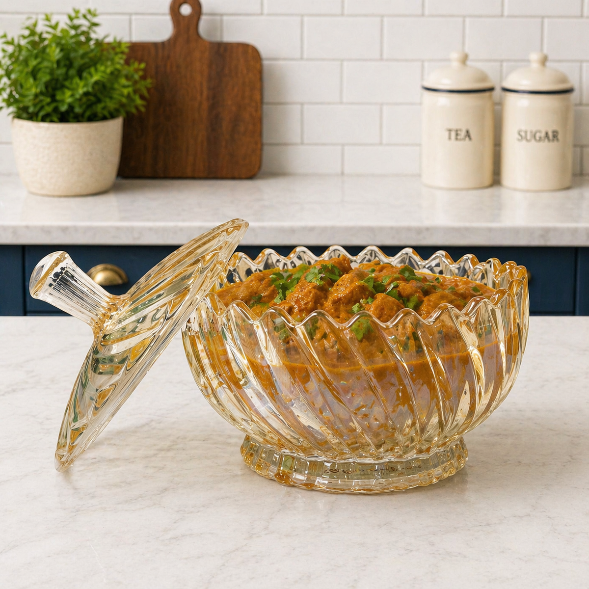 1050ml Premium Amber Glass Serving Bowl with Lid | Decorative Embossed Glass Bowl | Large Curry, Dal, Sabzi, Salad & Pasta Serving Dish | Elegant Tableware | Set of 1