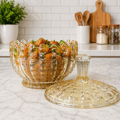 1050ml Premium Amber Glass Serving Bowl with Lid | Set of 1| Luxury Embossed Glass Casserole Bowl | Decorative Glass Serving Dish for Curry, Dal, Sabzi, Biryani, Rice, Pasta, Salad &Desserts | Set of 1