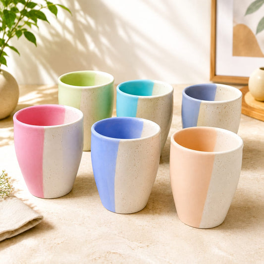 Premium Multicolour Ceramic Tea Kullad Set – 6 Pcs | Pastel Dual-Tone Tea & Coffee Cups