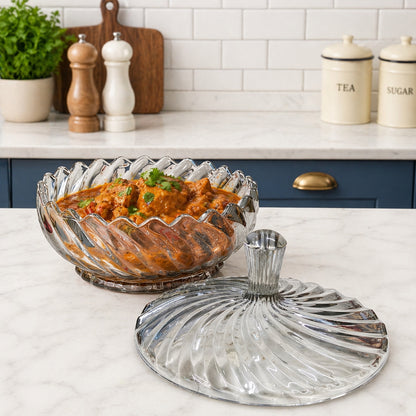 1140ml Premium Glass Serving Bowl with Lid | Elegant Smoke Grey Glass Serving Bowl | Heat-Resistant Round Serving Dish for Curry, Dal, Sabzi & Biryani | Set of 1