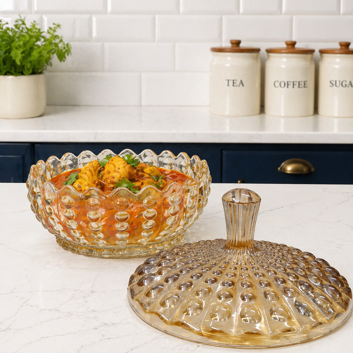 Premium Amber Glass Serving Bowl with Lid 1140ml | Luxury Decorative Glass Serving Bowl | Multipurpose Serving Dish for Curry, Dal, Sabzi, Biryani, Salad & Pasta | Elegant Tableware | Set of 1