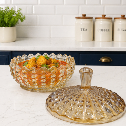 Premium Amber Glass Serving Bowl with Lid 1140ml | Luxury Decorative Glass Serving Bowl | Multipurpose Serving Dish for Curry, Dal, Sabzi, Biryani, Salad & Pasta | Elegant Tableware | Set of 1
