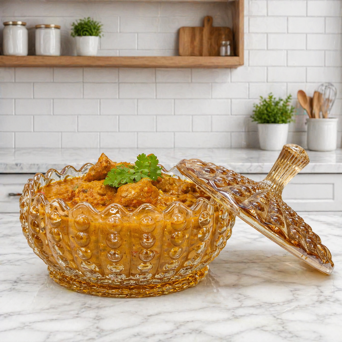 Premium Amber Glass Serving Bowl with Lid 1140ml | Luxury Decorative Glass Serving Bowl | Multipurpose Serving Dish for Curry, Dal, Sabzi, Biryani, Salad & Pasta | Elegant Tableware | Set of 1