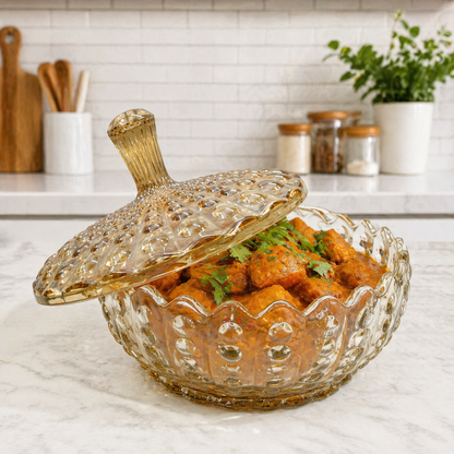 Premium Amber Glass Serving Bowl with Lid 1140ml | Luxury Decorative Glass Serving Bowl | Multipurpose Serving Dish for Curry, Dal, Sabzi, Biryani, Salad & Pasta | Elegant Tableware | Set of 1