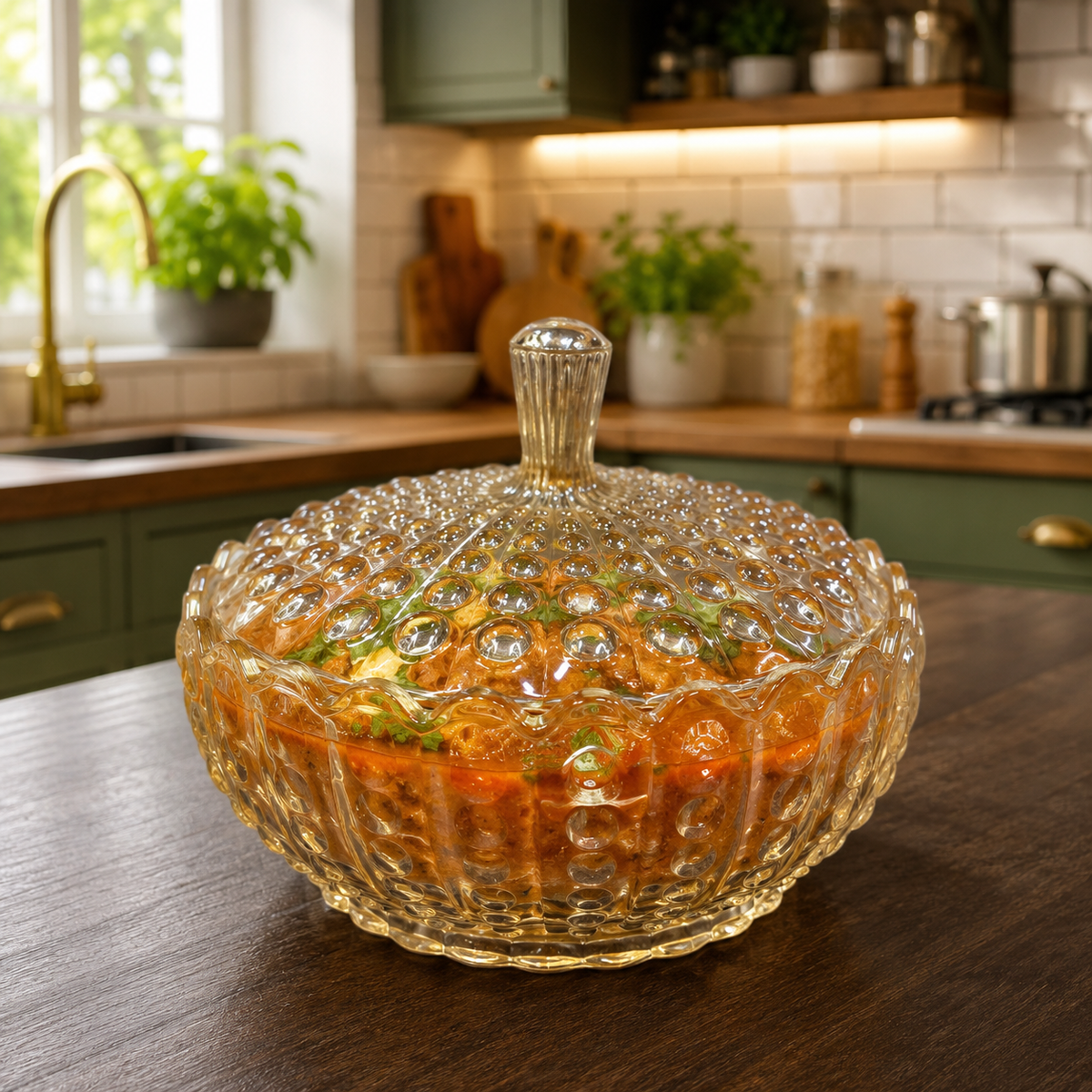 Premium Amber Glass Serving Bowl with Lid 1140ml | Luxury Decorative Glass Serving Bowl | Multipurpose Serving Dish for Curry, Dal, Sabzi, Biryani, Salad & Pasta | Elegant Tableware | Set of 1