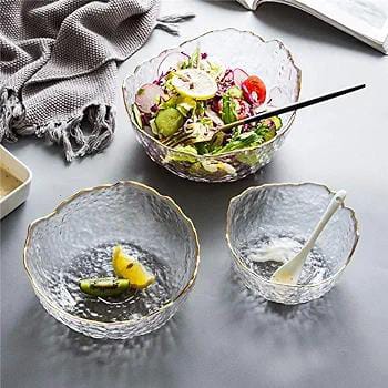 Glass Bowls Set, 3 Piece Gold Rim Clear Glass Serving Salad Mixing Bowl, Modern Decorative Fruit Bowl