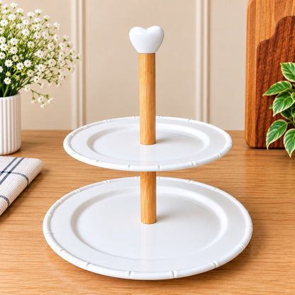 Premium 2-Tier White Serving Stand with Wooden Handle – Elegant Cake Stand, Dessert Platter & Snack Serving Tray for Dining Table