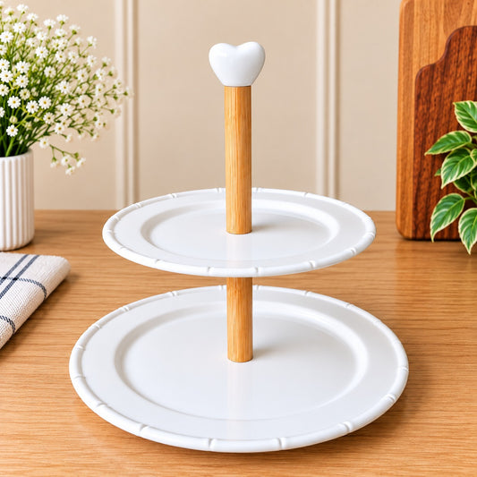 Premium 2-Tier White Serving Stand with Wooden Handle – Elegant Cake Stand, Dessert Platter & Snack Serving Tray for Dining Table