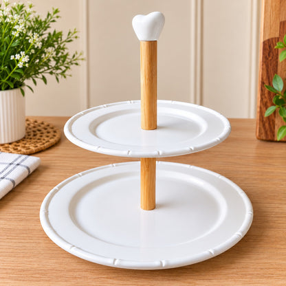Premium 2-Tier White Serving Stand with Wooden Handle – Elegant Cake Stand, Dessert Platter & Snack Serving Tray for Dining Table