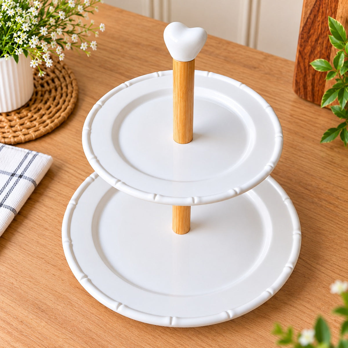Premium 2-Tier White Serving Stand with Wooden Handle – Elegant Cake Stand, Dessert Platter & Snack Serving Tray for Dining Table