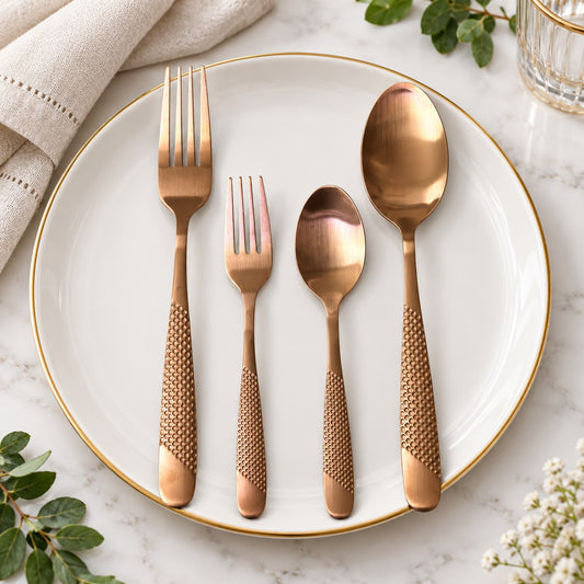 CP - Luxury Rose Gold Cutlery Set with Textured Handles & Elegant Black Gift Box – 24 Pcs