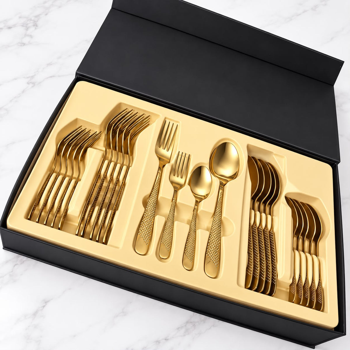 CP - Luxury Rose Gold Cutlery Set with Textured Handles & Elegant Black Gift Box – 24 Pcs
