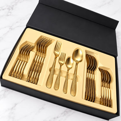 CP - Luxury Rose Gold Cutlery Set with Textured Handles & Elegant Black Gift Box – 24 Pcs