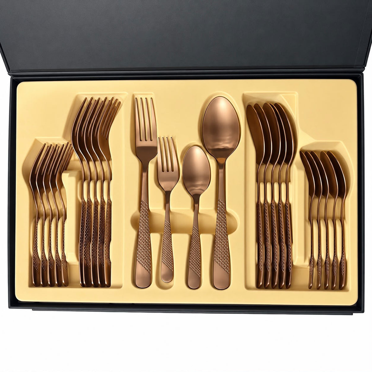 CP - Luxury Rose Gold Cutlery Set with Textured Handles & Elegant Black Gift Box – 24 Pcs