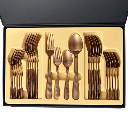 CP - Luxury Rose Gold Cutlery Set with Textured Handles & Elegant Black Gift Box – 24 Pcs