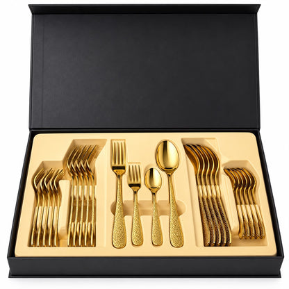 CP - Luxury Gold Cutlery Set with Hammered Design & Elegant Gift Box – 24 Pcs