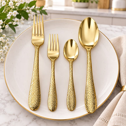 CP - Luxury Gold Cutlery Set with Hammered Design & Elegant Gift Box – 24 Pcs