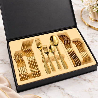 CP - Luxury Gold Cutlery Set with Hammered Design & Elegant Gift Box – 24 Pcs