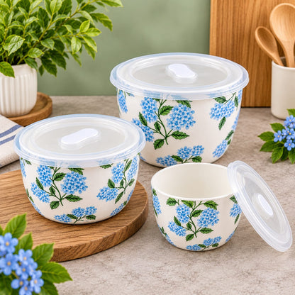 Premium Blue Floral Printed Storage Container Set with Lids – Set of 3 | Elegant Kitchen Storage Bowls