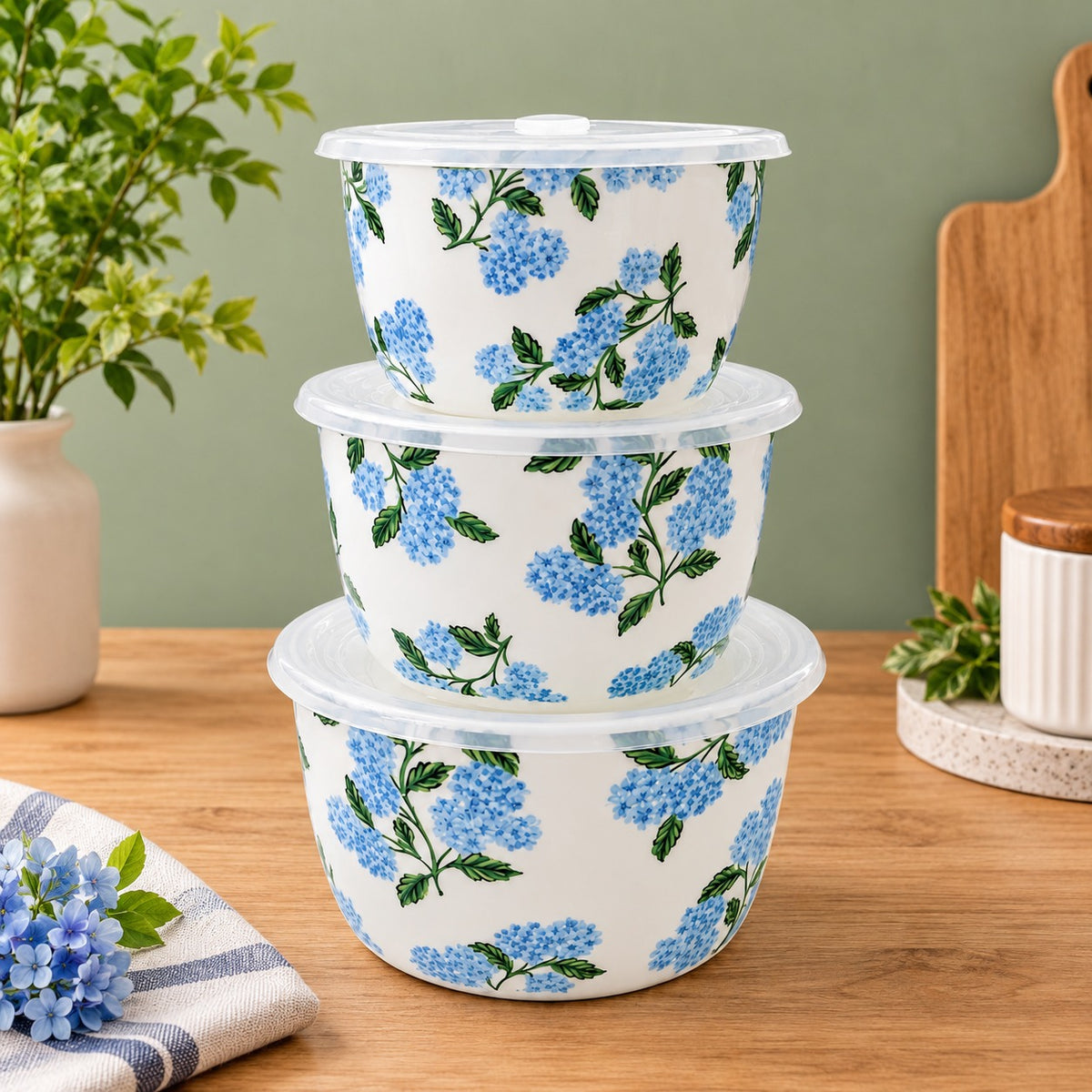 Premium Blue Floral Printed Storage Container Set with Lids – Set of 3 | Elegant Kitchen Storage Bowls