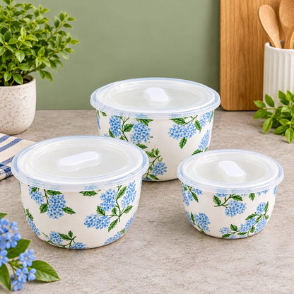 Premium Blue Floral Printed Storage Container Set with Lids – Set of 3 | Elegant Kitchen Storage Bowls