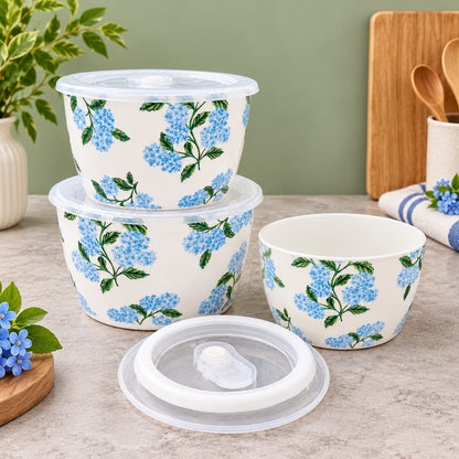 Premium Blue Floral Printed Storage Container Set with Lids – Set of 3 | Elegant Kitchen Storage Bowls