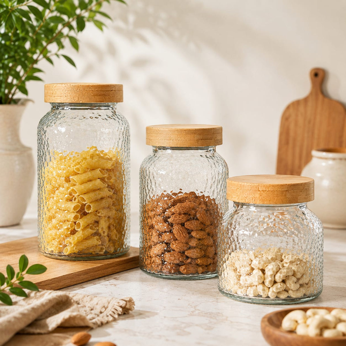 CP - Textured Glass Storage Jar Set with Bamboo Lids – 3 Pcs (640 ML, 900 ML & 1200 ML)