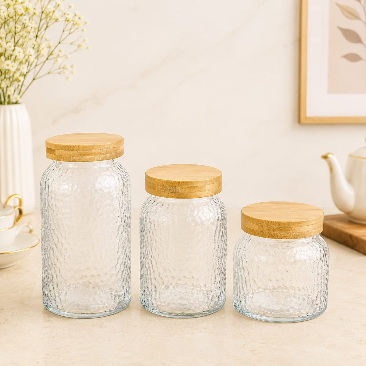CP - Textured Glass Storage Jar Set with Bamboo Lids – 3 Pcs (640 ML, 900 ML & 1200 ML)