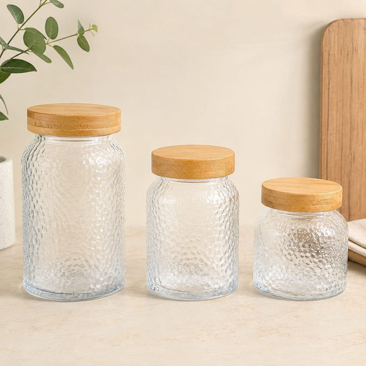 CP - Textured Glass Storage Jar Set with Bamboo Lids – 3 Pcs (640 ML, 900 ML & 1200 ML)