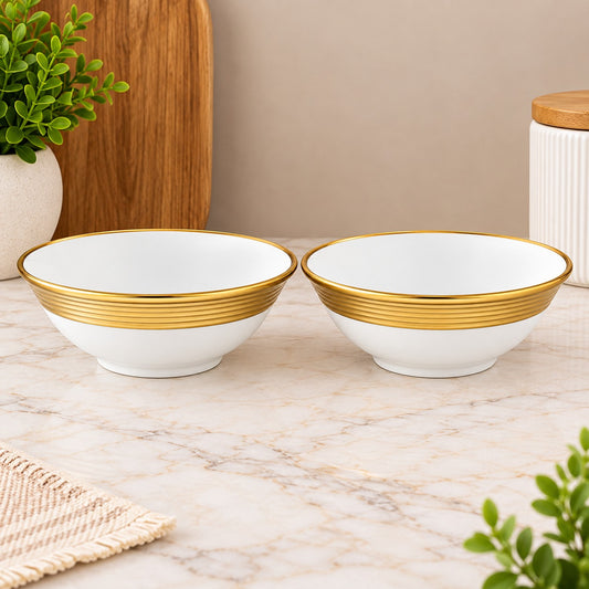 Premium White Ceramic Serving Bowls with Luxury Gold Rim – Elegant Round Soup, Dessert, Snack & Salad Bowls – Set of 2
