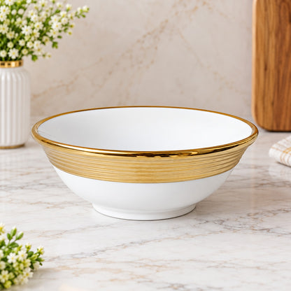 Premium White Ceramic Serving Bowls with Luxury Gold Rim – Elegant Round Soup, Dessert, Snack & Salad Bowls – Set of 2