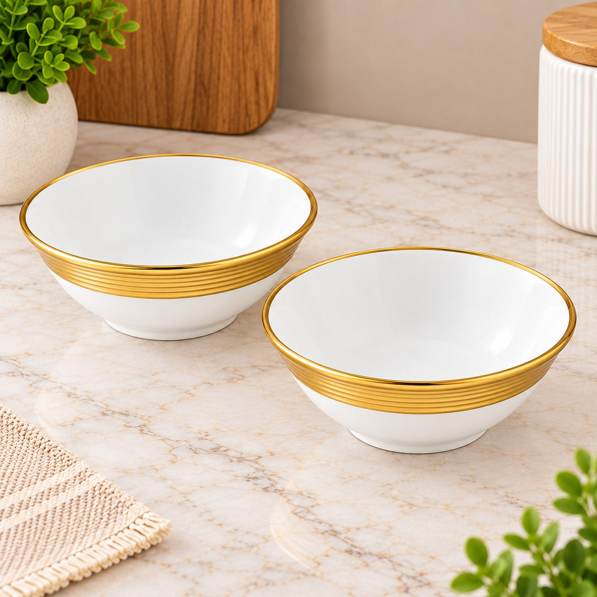 Premium White Ceramic Serving Bowls with Luxury Gold Rim – Elegant Round Soup, Dessert, Snack & Salad Bowls – Set of 2