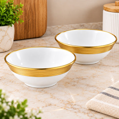 Premium White Ceramic Serving Bowls with Luxury Gold Rim – Elegant Round Soup, Dessert, Snack & Salad Bowls – Set of 2
