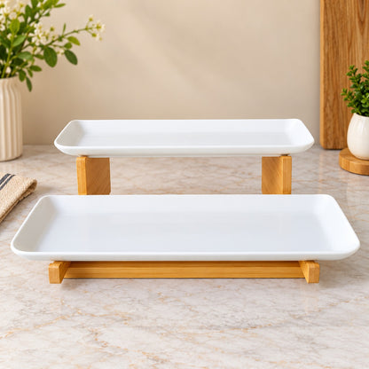 Premium 2-Tier Rectangular Ceramic Serving Platter Set with Bamboo Stand – Elegant White Snack, Dessert & Appetizer Serving Tray