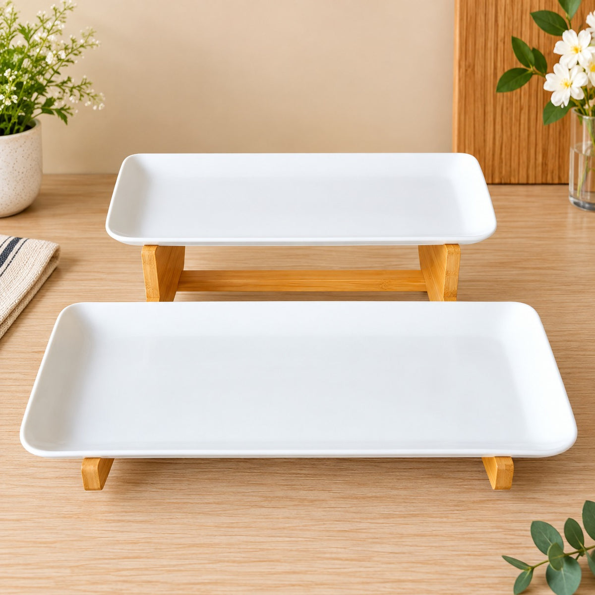 Premium 2-Tier Rectangular Ceramic Serving Platter Set with Bamboo Stand – Elegant White Snack, Dessert & Appetizer Serving Tray