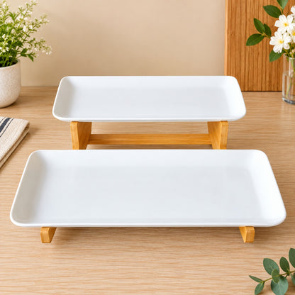 Premium 2-Tier Rectangular Ceramic Serving Platter Set with Bamboo Stand – Elegant White Snack, Dessert & Appetizer Serving Tray