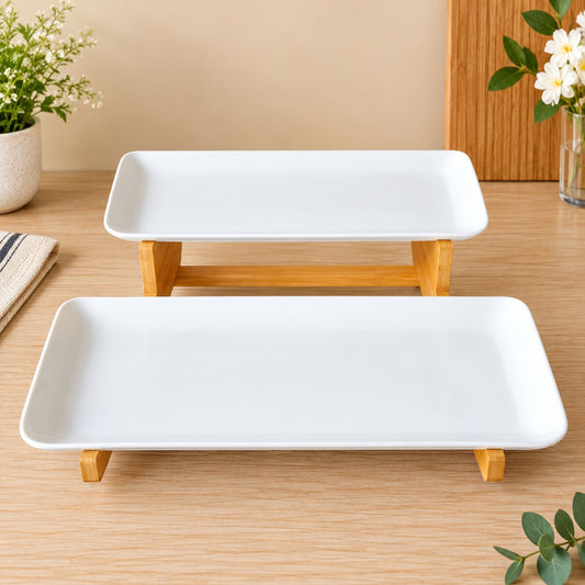 Premium 2-Tier Rectangular Ceramic Serving Platter Set with Bamboo Stand – Elegant White Snack, Dessert & Appetizer Serving Tray