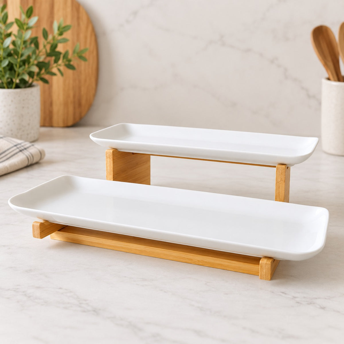 Premium 2-Tier Rectangular Ceramic Serving Platter Set with Bamboo Stand – Elegant White Snack, Dessert & Appetizer Serving Tray