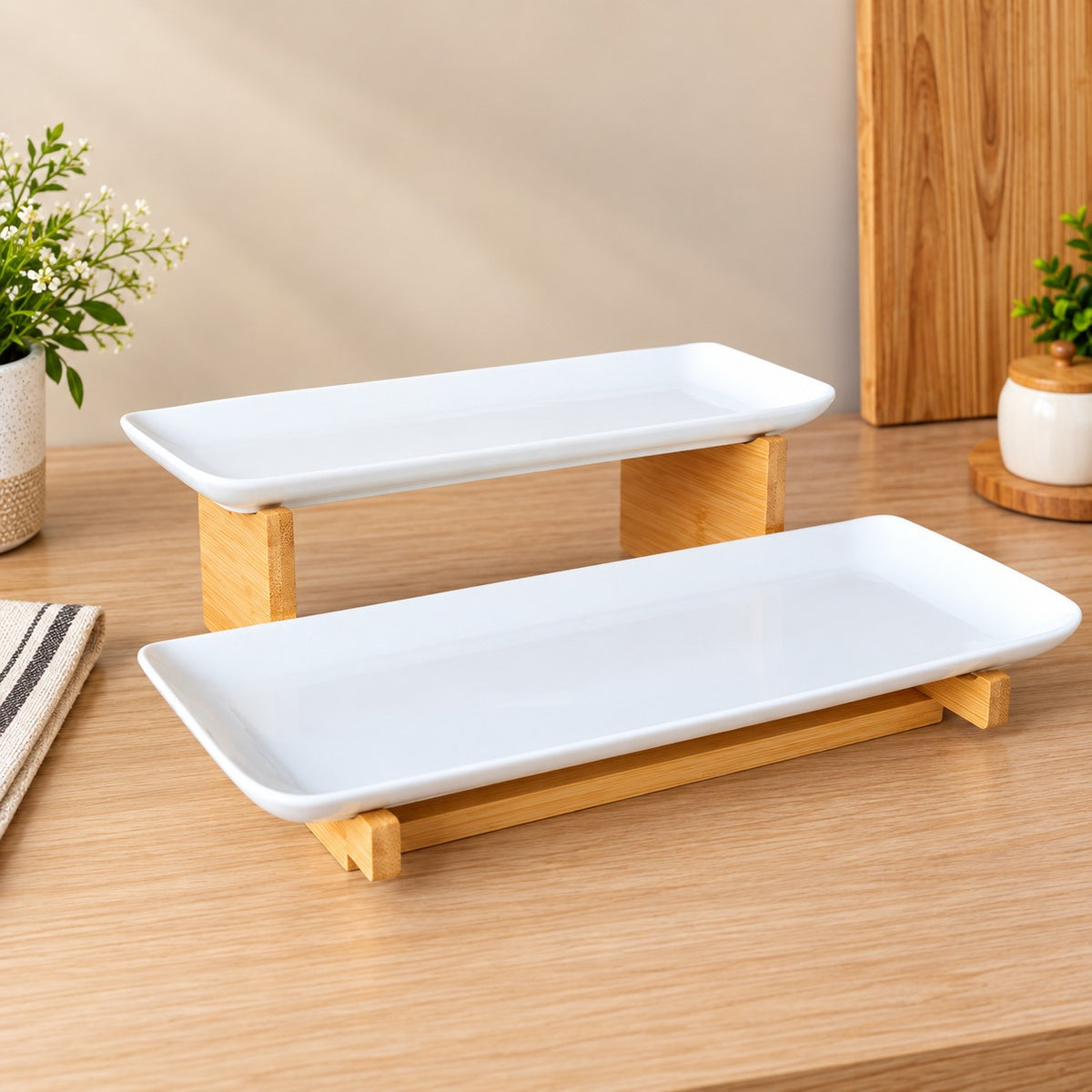 Premium 2-Tier Rectangular Ceramic Serving Platter Set with Bamboo Stand – Elegant White Snack, Dessert & Appetizer Serving Tray