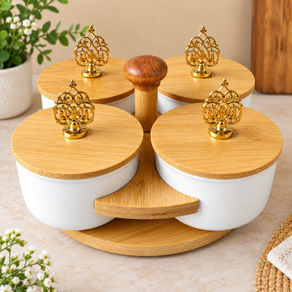 CP - White Dry Fruit Serving Bowl Set with Bamboo Lids, Golden Knobs & Rotating Wooden Stand – 4 Bowls