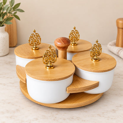 CP - White Dry Fruit Serving Bowl Set with Bamboo Lids, Golden Knobs & Rotating Wooden Stand – 4 Bowls