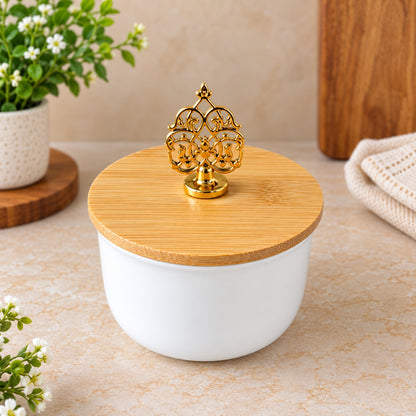 CP - White Dry Fruit Serving Bowl Set with Bamboo Lids, Golden Knobs & Rotating Wooden Stand – 4 Bowls