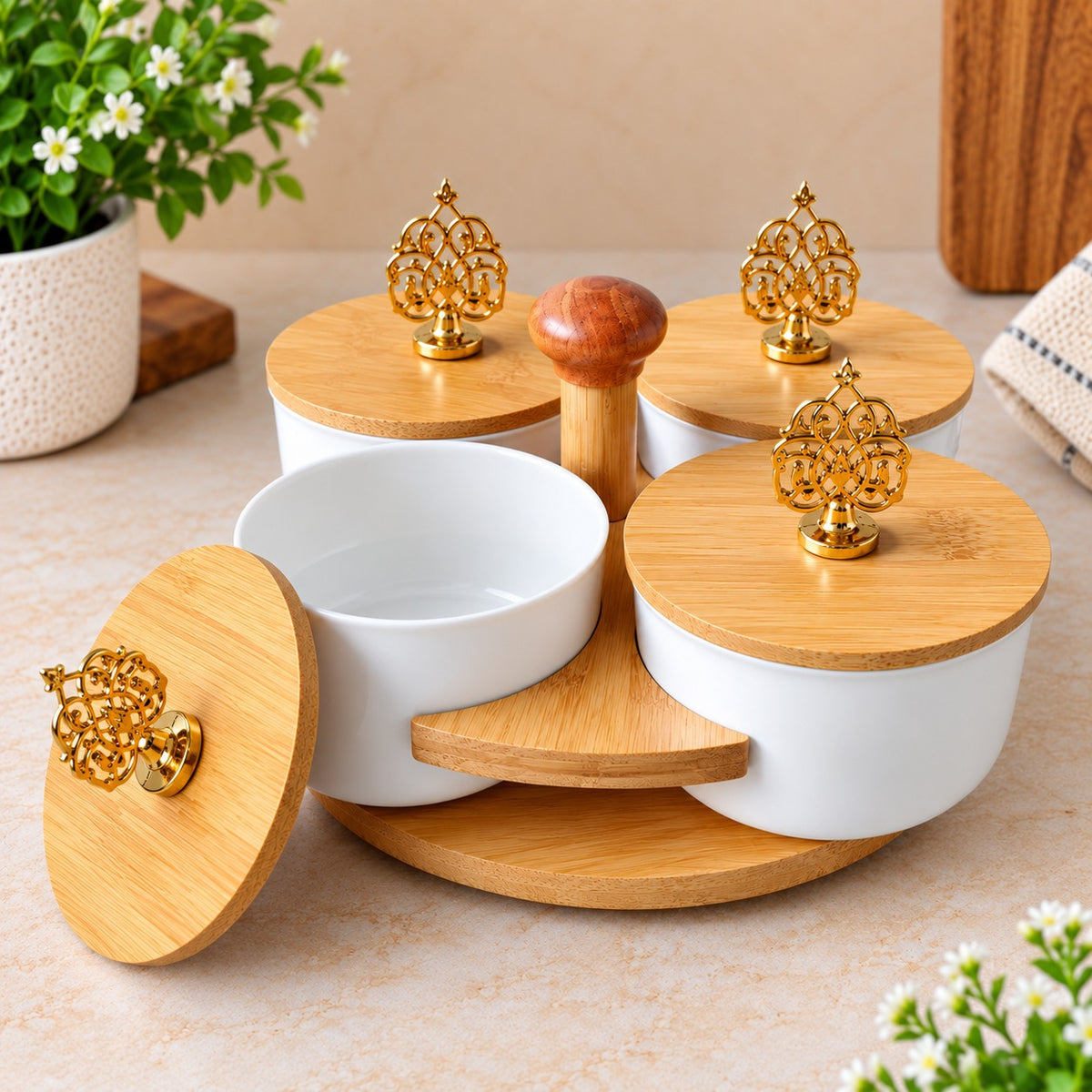 CP - White Dry Fruit Serving Bowl Set with Bamboo Lids, Golden Knobs & Rotating Wooden Stand – 4 Bowls