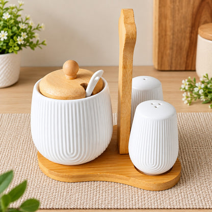 Premium 4-Piece Ceramic Seasoning & Condiment Set with Bamboo Stand – Salt & Pepper Shakers, Sugar Pot with Spoon & Wooden Lid for Dining Table